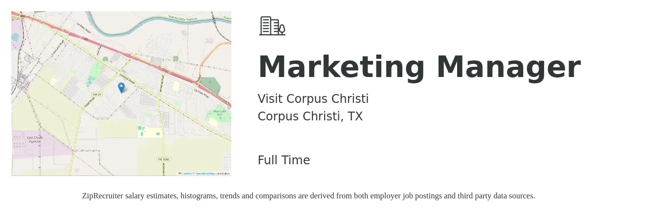 Visit Corpus Christi job posting for a Marketing Manager in Corpus Christi, TX with a salary of $58,000 to $94,700 Yearly with a map of Corpus Christi location.