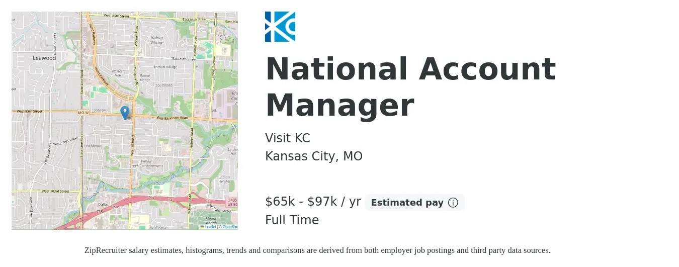 Visit KC job posting for a National Account Manager in Kansas City, MO with a salary of $65,320 to $97,980 Yearly with a map of Kansas City location.