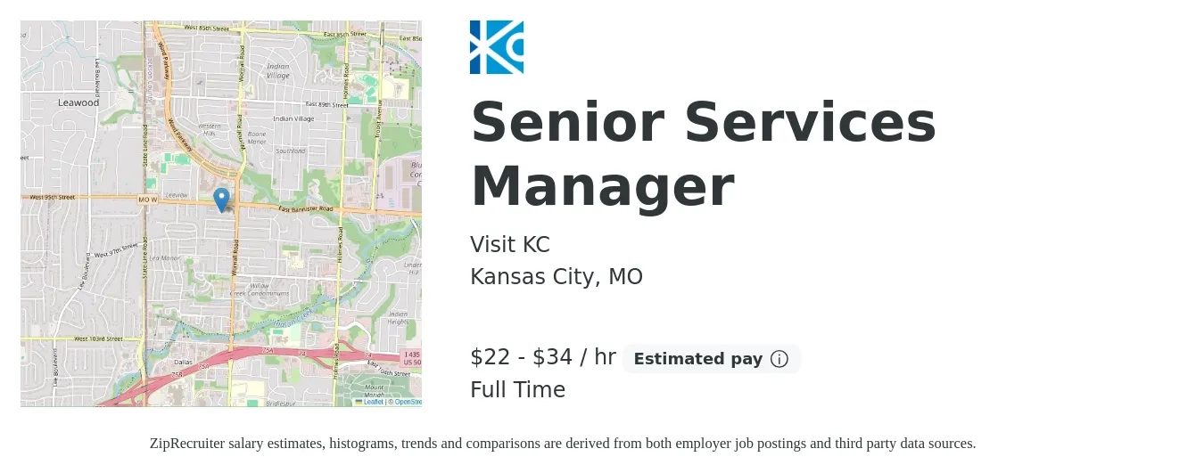 Visit KC job posting for a Senior Services Manager in Kansas City, MO with a salary of $49,380 to $74,070 Yearly with a map of Kansas City location.