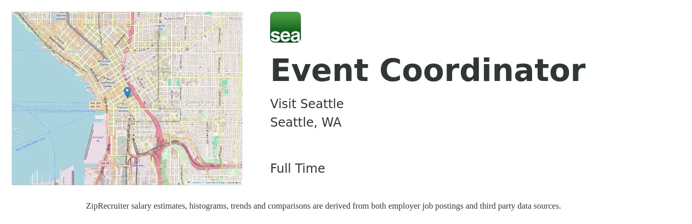 Visit Seattle job posting for a Event Coordinator in Seattle, WA with a salary of $50,000 to $53,000 Yearly with a map of Seattle location.
