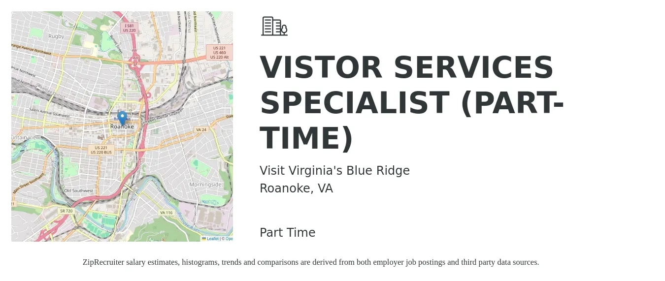 Visit Virginia's Blue Ridge job posting for a VISTOR SERVICES SPECIALIST (PART-TIME) in Roanoke, VA with a salary of $19 to $30 Hourly with a map of Roanoke location.