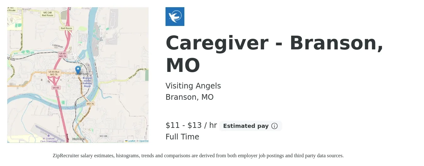 Visiting Angels job posting for a Caregiver - Branson, MO in Branson, MO with a salary of $12 to $14 Hourly with a map of Branson location.