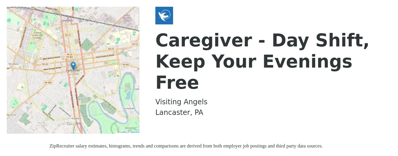 Visiting Angels job posting for a Caregiver - Day Shift, Keep Your Evenings Free in Lancaster, PA with a salary of $14 to $18 Hourly with a map of Lancaster location.
