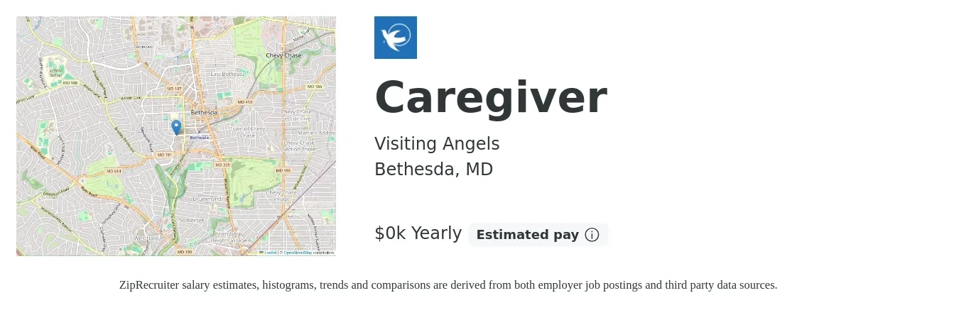 Visiting Angels job posting for a Caregiver in Bethesda, MD with a salary of $18 Yearly with a map of Bethesda location.