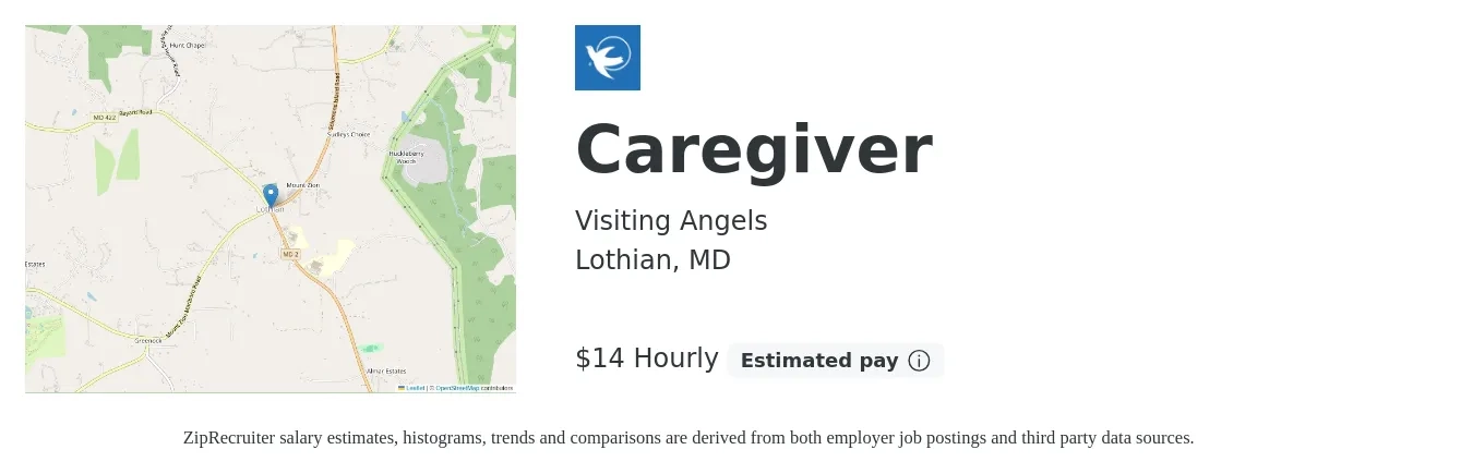 Visiting Angels job posting for a Caregiver in Lothian, MD with a salary of $15 Hourly with a map of Lothian location.