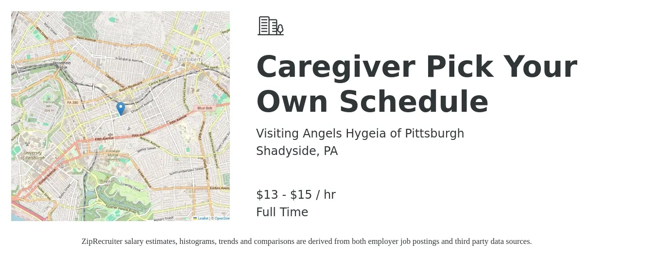 Visiting Angels Hygeia of Pittsburgh job posting for a Caregiver Pick Your Own Schedule in Shadyside, PA with a salary of $14 to $16 Hourly with a map of Shadyside location.