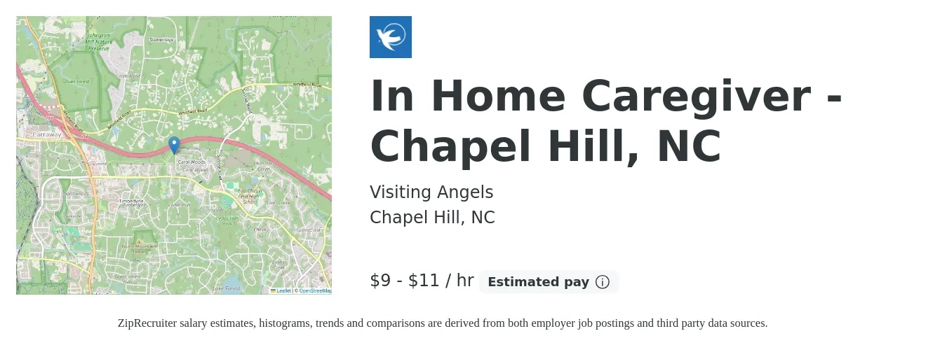 Visiting Angels job posting for a In Home Caregiver - Chapel Hill, NC in Chapel Hill, NC with a salary of $10 to $12 Hourly with a map of Chapel Hill location.