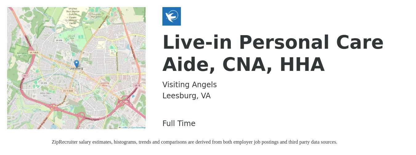 Visiting Angels job posting for a Live-in Personal Care Aide, CNA, HHA in Leesburg, VA with a salary of $15 to $20 Hourly with a map of Leesburg location.