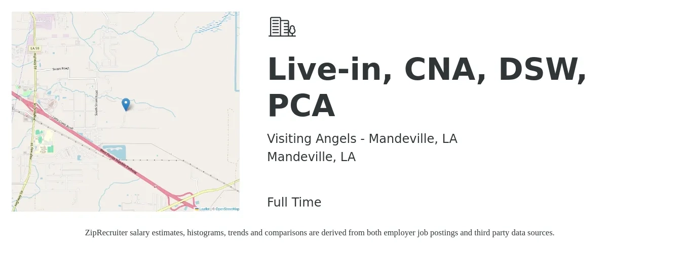 Visiting Angels - Mandeville, LA job posting for a Live-in, CNA, DSW, PCA in Mandeville, LA with a salary of $13 to $16 Hourly with a map of Mandeville location.