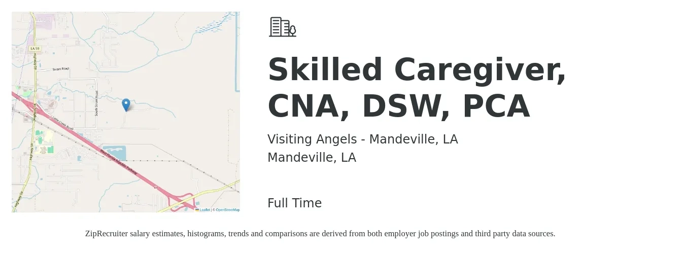 Visiting Angels - Mandeville, LA job posting for a Skilled Caregiver, CNA, DSW, PCA in Mandeville, LA with a salary of $13 to $16 Hourly with a map of Mandeville location.