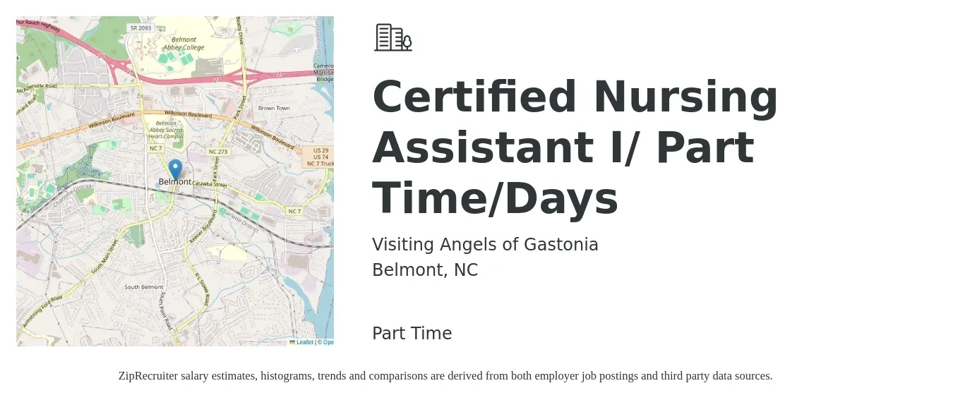 Visiting Angels of Gastonia job posting for a Certified Nursing Assistant I/ Part Time/Days in Belmont, NC with a salary of $525 to $680 Weekly with a map of Belmont location.