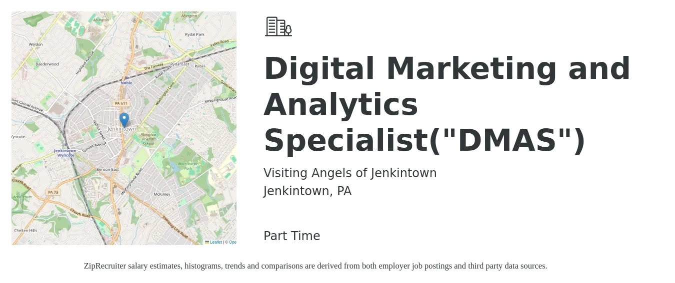 Visiting Angels of Jenkintown job posting for a Digital Marketing and Analytics Specialist("DMAS") in Jenkintown, PA with a salary of $49,400 to $73,600 Yearly with a map of Jenkintown location.
