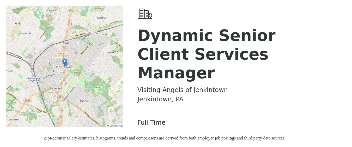 Visiting Angels of Jenkintown job posting for a Dynamic Senior Client Services Manager in Jenkintown, PA with a salary of $49,400 to $86,900 Yearly with a map of Jenkintown location.