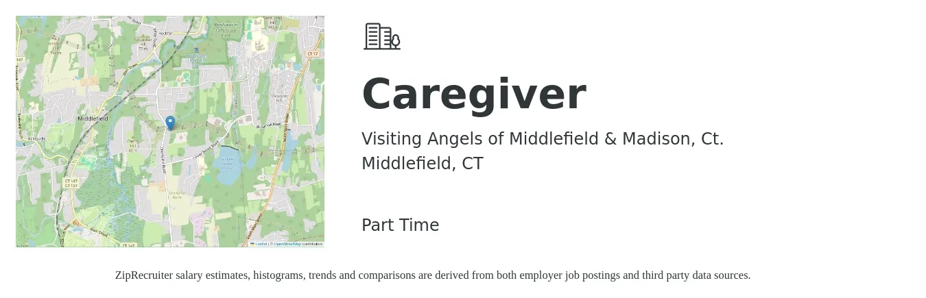 Visiting Angels of Middlefield & Madison, Ct. job posting for a Caregiver in Middlefield, CT with a salary of $14 to $18 Hourly with a map of Middlefield location.