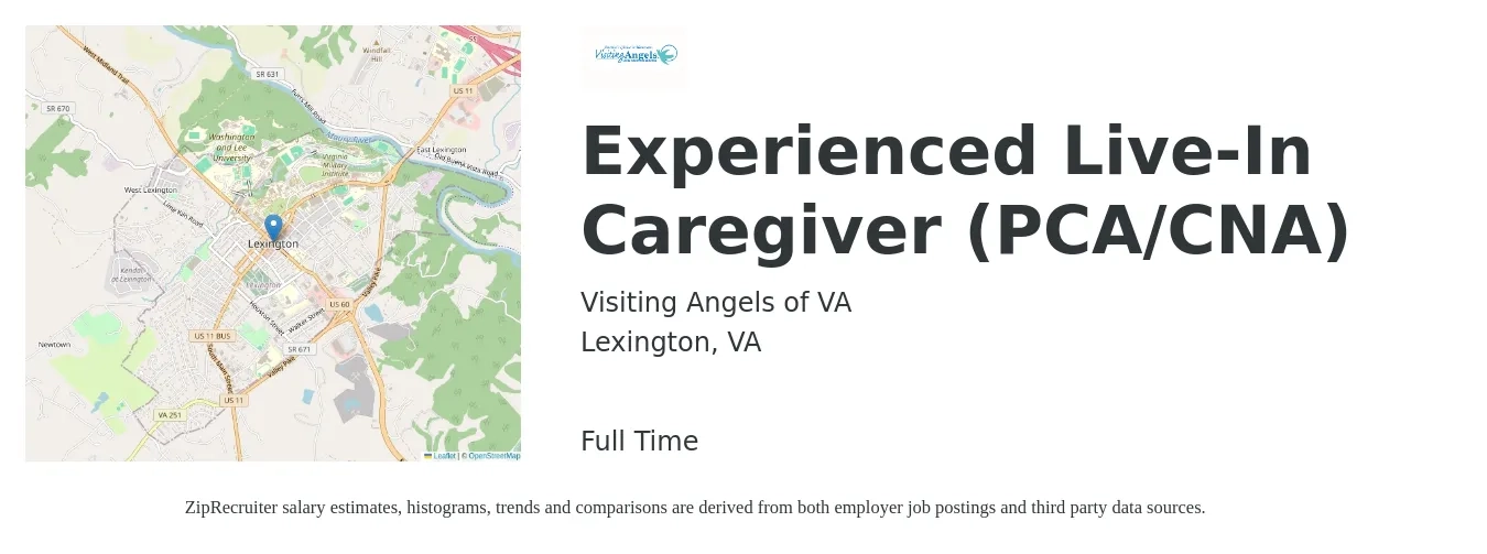 Visiting Angels of VA job posting for a Experienced Live-In Caregiver (PCA/CNA) in Lexington, VA with a salary of $13 to $16 Hourly with a map of Lexington location.