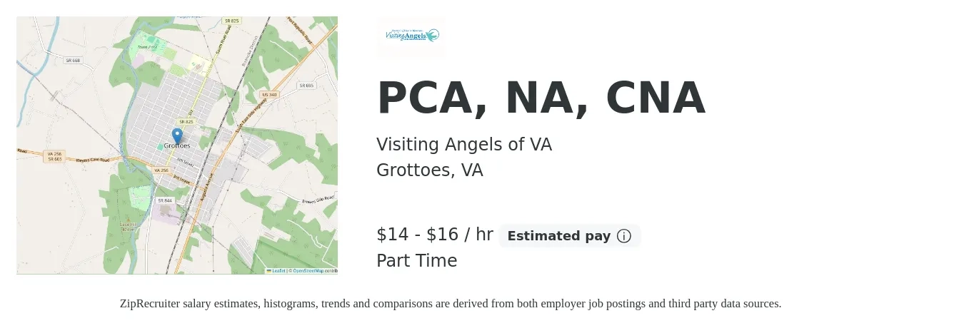 Visiting Angels of VA job posting for a PCA, NA, CNA in Grottoes, VA with a salary of $15 to $17 Hourly with a map of Grottoes location.