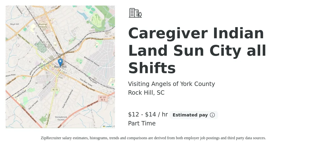 Visiting Angels of York County job posting for a Caregiver Indian Land Sun City all Shifts in Rock Hill, SC with a salary of $13 to $15 Hourly with a map of Rock Hill location.