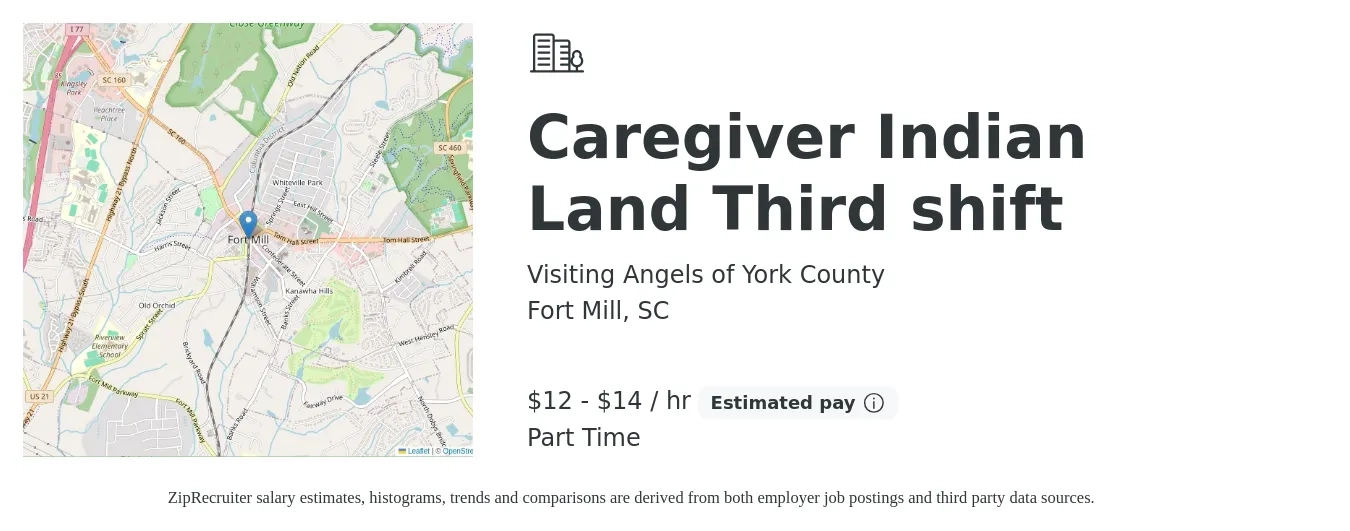 Visiting Angels of York County job posting for a Caregiver Indian Land Third shift in Fort Mill, SC with a salary of $13 to $15 Hourly with a map of Fort Mill location.