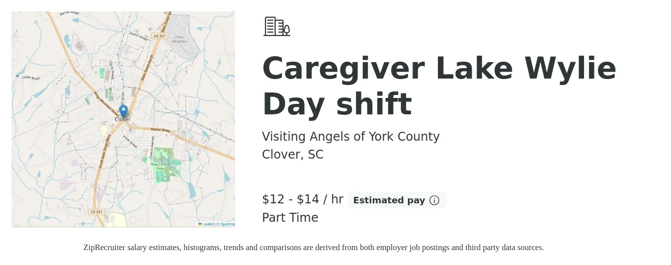 Visiting Angels of York County job posting for a Caregiver Lake Wylie Day shift in Clover, SC with a salary of $13 to $15 Hourly with a map of Clover location.