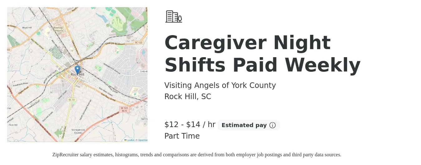 Visiting Angels of York County job posting for a Caregiver Night Shifts Paid Weekly in Rock Hill, SC with a salary of $13 to $15 Hourly with a map of Rock Hill location.