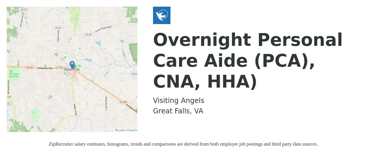 Visiting Angels job posting for a Overnight Personal Care Aide (PCA), CNA, HHA) in Great Falls, VA with a salary of $15 to $19 Hourly with a map of Great Falls location.