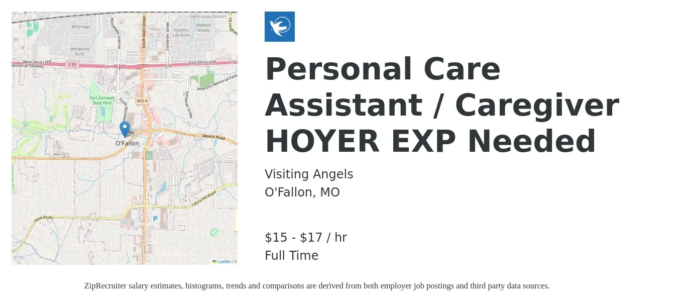 Visiting Angels job posting for a Personal Care Assistant / Caregiver HOYER EXP Needed in O'Fallon, MO with a salary of $16 to $18 Hourly with a map of O'Fallon location.