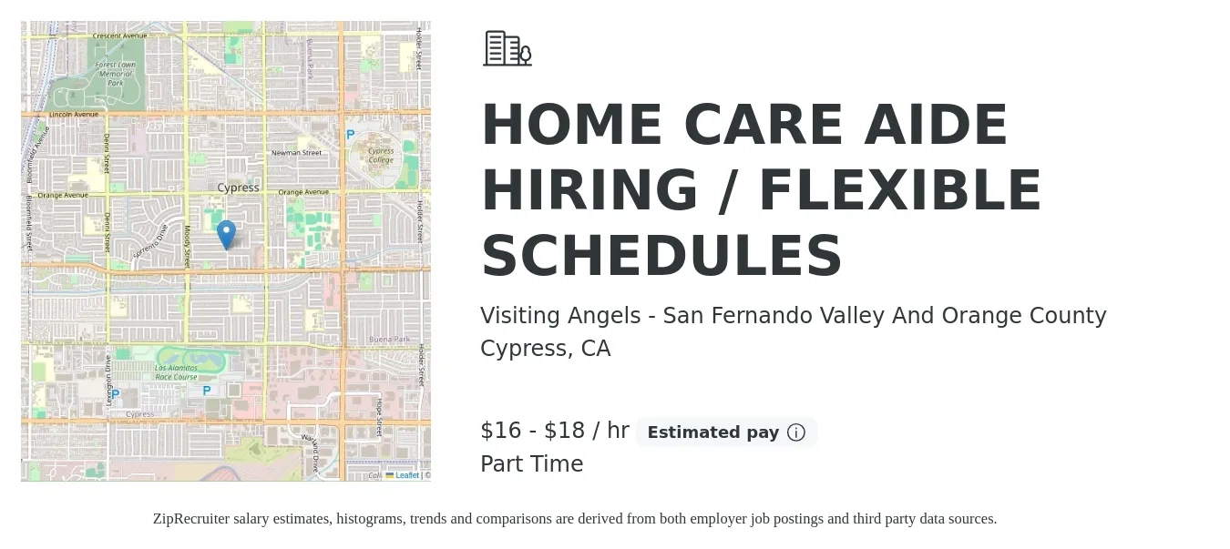 Visiting Angels - San Fernando Valley And Orange County job posting for a HOME CARE AIDE HIRING / FLEXIBLE SCHEDULES in Cypress, CA with a salary of $17 to $19 Hourly with a map of Cypress location.