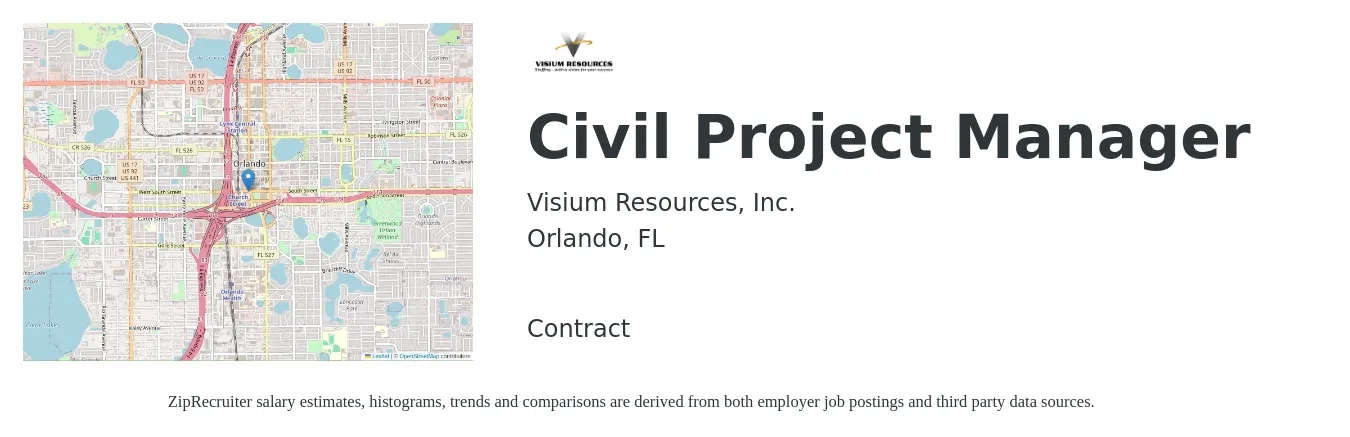 Visium Resources, Inc. job posting for a Civil Project Manager in Orlando, FL with a salary of $79,300 to $106,000 Yearly with a map of Orlando location.