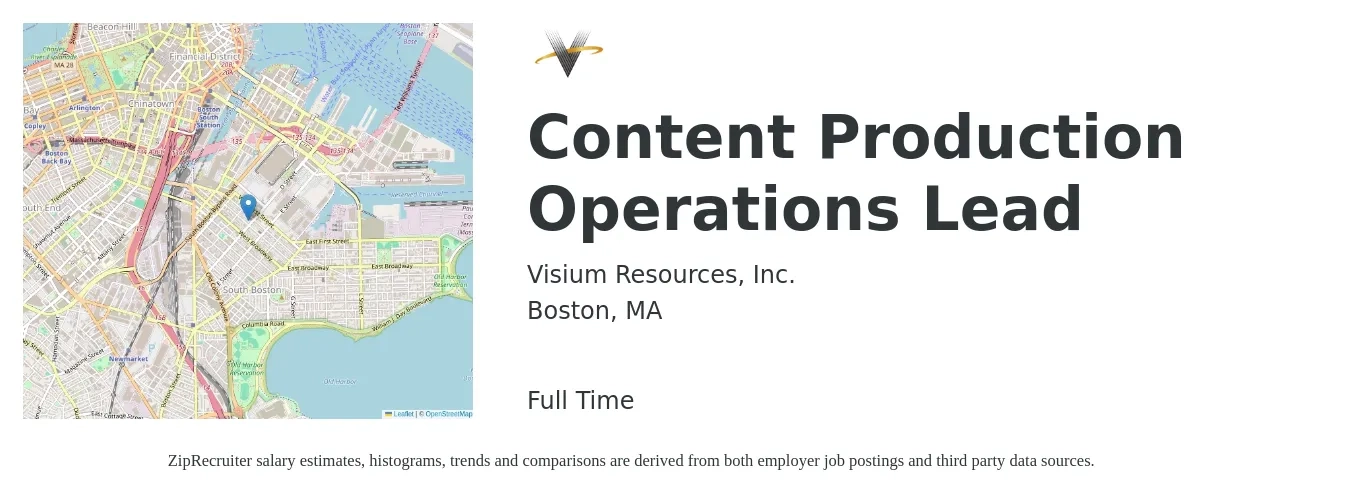 Visium Resources, Inc. job posting for a Content Production Operations Lead in Boston, MA with a salary of $20 to $28 Hourly with a map of Boston location.