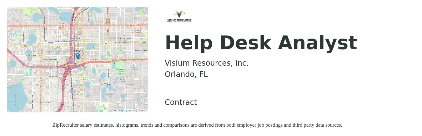 Visium Resources, Inc. job posting for a Help Desk Analyst in Orlando, FL with a salary of $19 to $26 Hourly with a map of Orlando location.