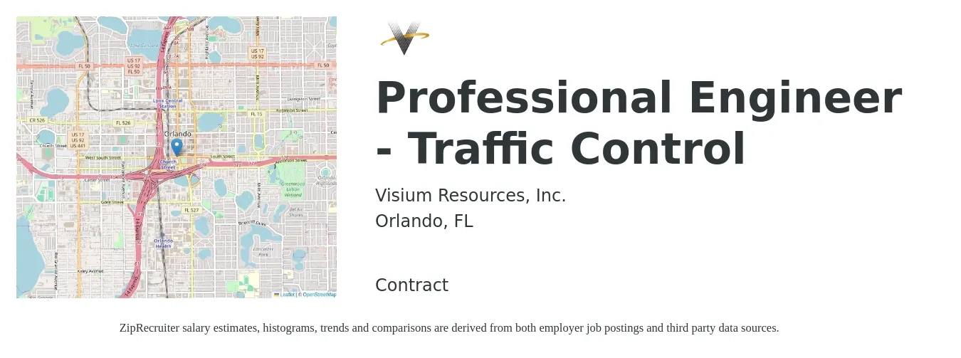 Visium Resources, Inc. job posting for a Professional Engineer - Traffic Control in Orlando, FL with a map of Orlando location.