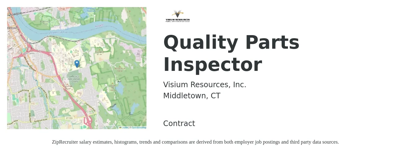 Visium Resources, Inc. job posting for a Quality Parts Inspector in Middletown, CT with a salary of $17 to $24 Hourly with a map of Middletown location.