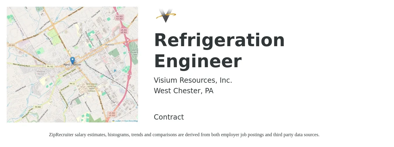 Visium Resources, Inc. job posting for a Refrigeration Engineer in West Chester, PA with a salary of $68,700 to $94,700 Yearly with a map of West Chester location.