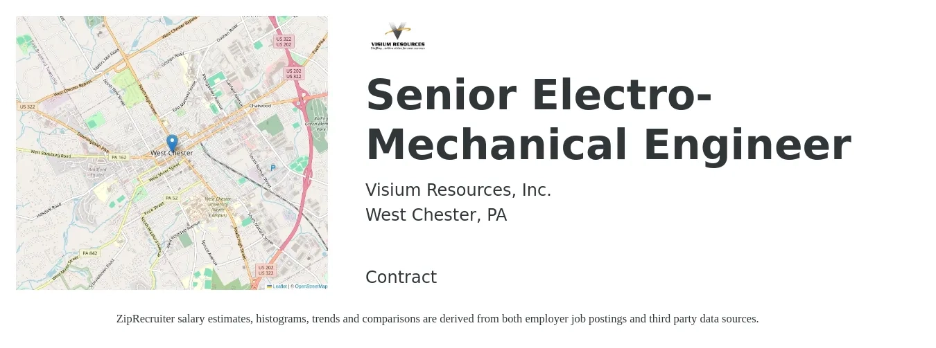 Visium Resources, Inc. job posting for a Senior Electro-Mechanical Engineer in West Chester, PA with a salary of $99,000 to $130,700 Yearly with a map of West Chester location.
