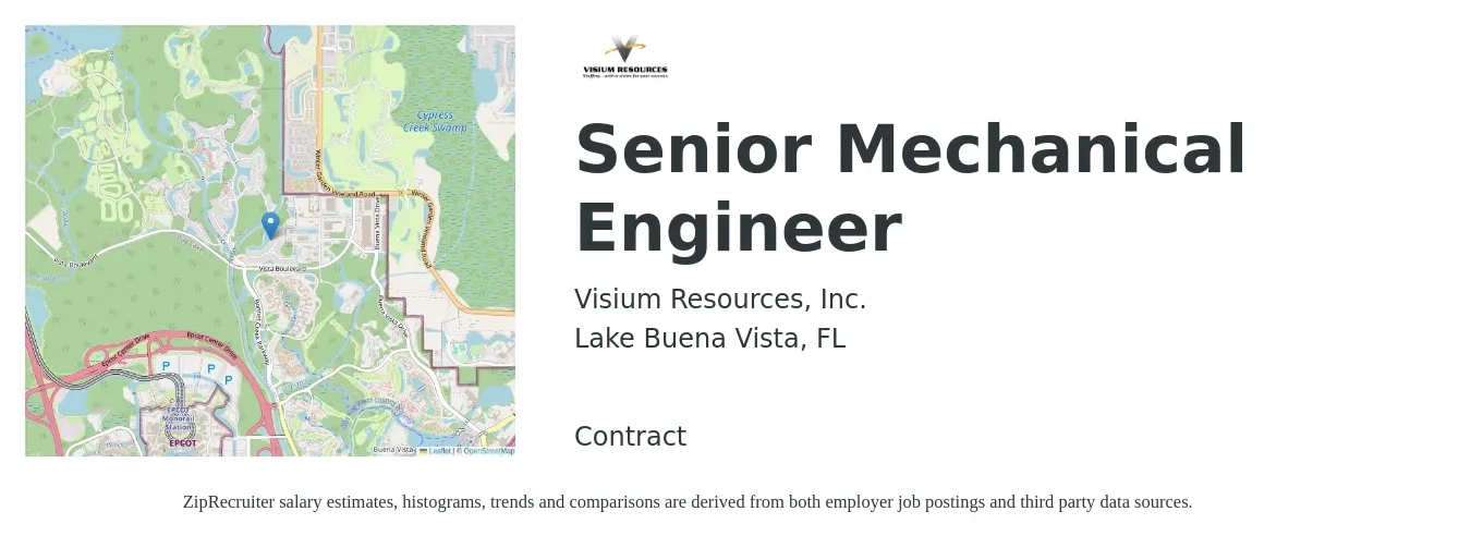 Visium Resources, Inc. job posting for a Senior Mechanical Engineer in Lake Buena Vista, FL with a salary of $97,400 to $128,600 Yearly with a map of Lake Buena Vista location.