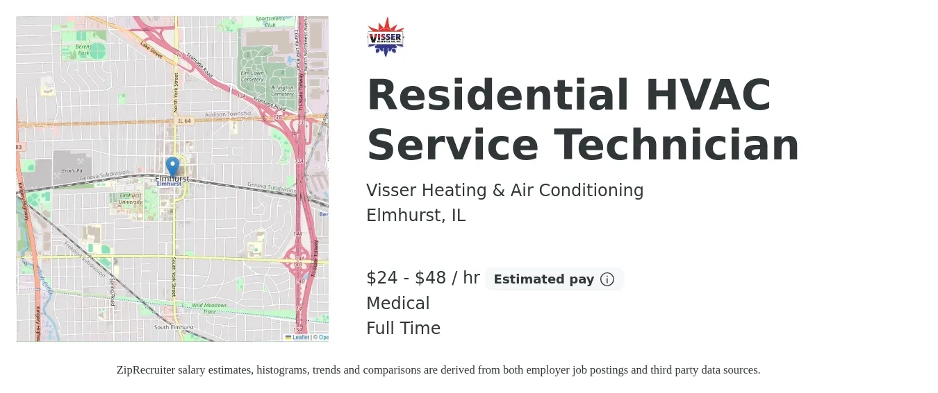Visser Heating & Air Conditioning job posting for a Residential HVAC Service Technician in Elmhurst, IL with a salary of $25 to $50 Hourly and benefits including medical, pto, and retirement with a map of Elmhurst location.