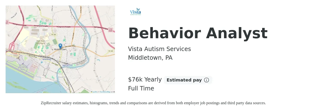 Vista Autism Services job posting for a Behavior Analyst in Middletown, PA with a salary of $76,000 Yearly with a map of Middletown location.