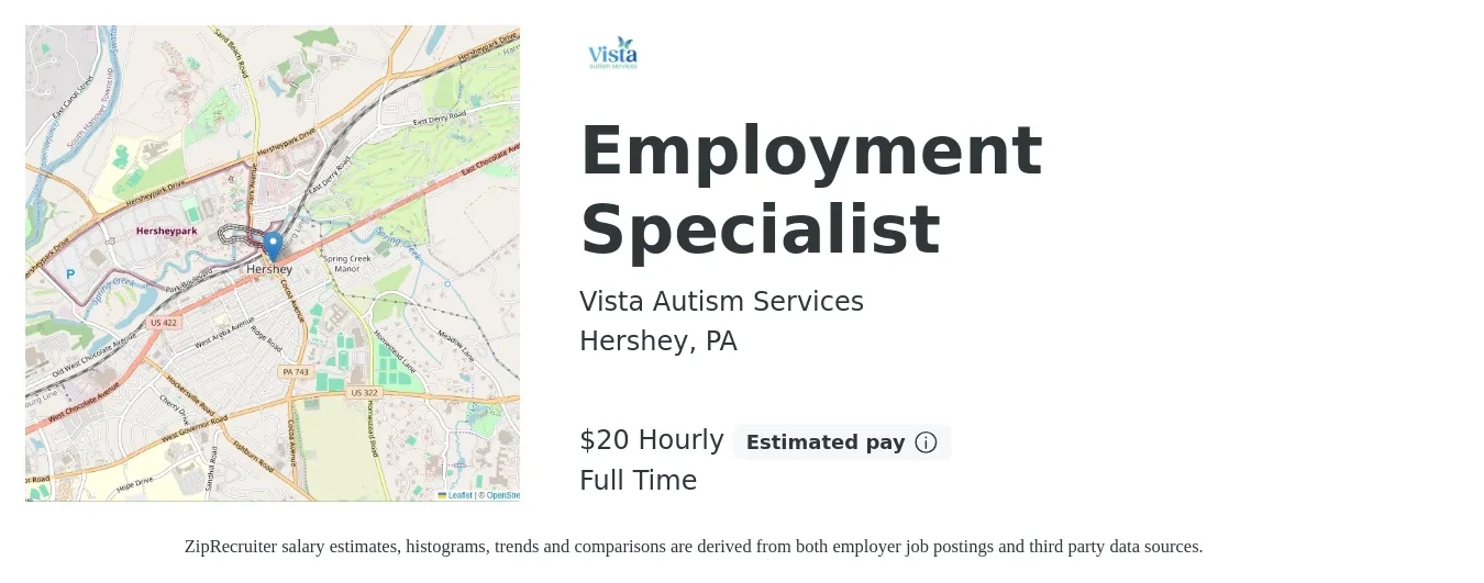 Vista Autism Services job posting for a Employment Specialist in Hershey, PA with a salary of $21 Hourly with a map of Hershey location.