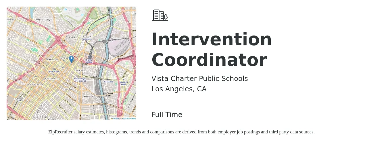 Vista Charter Public Schools job posting for a Intervention Coordinator in Los Angeles, CA with a salary of $60,048 to $102,536 Yearly with a map of Los Angeles location.