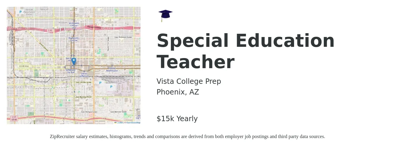 Vista College Prep job posting for a Special Education Teacher in Phoenix, AZ with a salary of $47,500 Yearly with a map of Phoenix location.