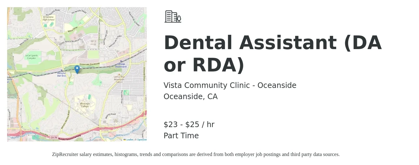 Vista Community Clinic - Oceanside job posting for a Dental Assistant (DA or RDA) in Oceanside, CA with a salary of $24 to $27 Hourly with a map of Oceanside location.