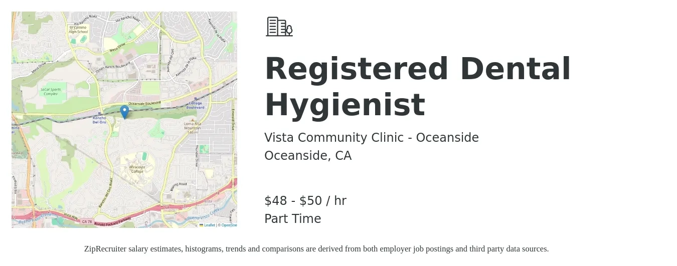 Vista Community Clinic - Oceanside job posting for a Registered Dental Hygienist in Oceanside, CA with a salary of $50 to $53 Hourly with a map of Oceanside location.