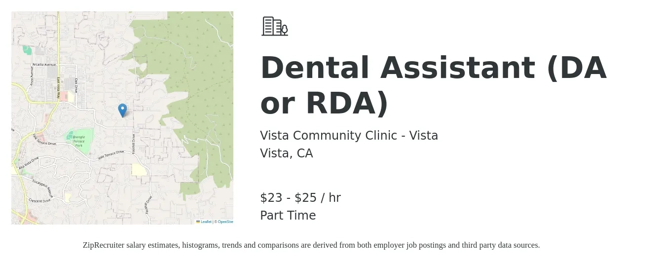 Vista Community Clinic - Vista job posting for a Dental Assistant (DA or RDA) in Vista, CA with a salary of $24 to $27 Hourly with a map of Vista location.