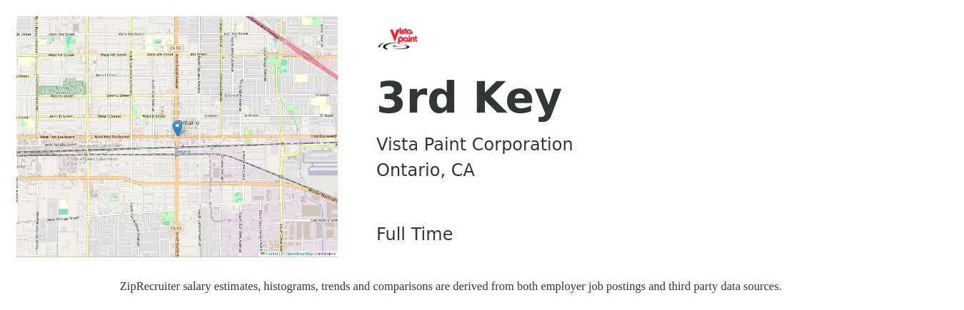 Vista Paint Corporation job posting for a 3rd Key in Ontario, CA with a salary of $14 to $18 Hourly with a map of Ontario location.