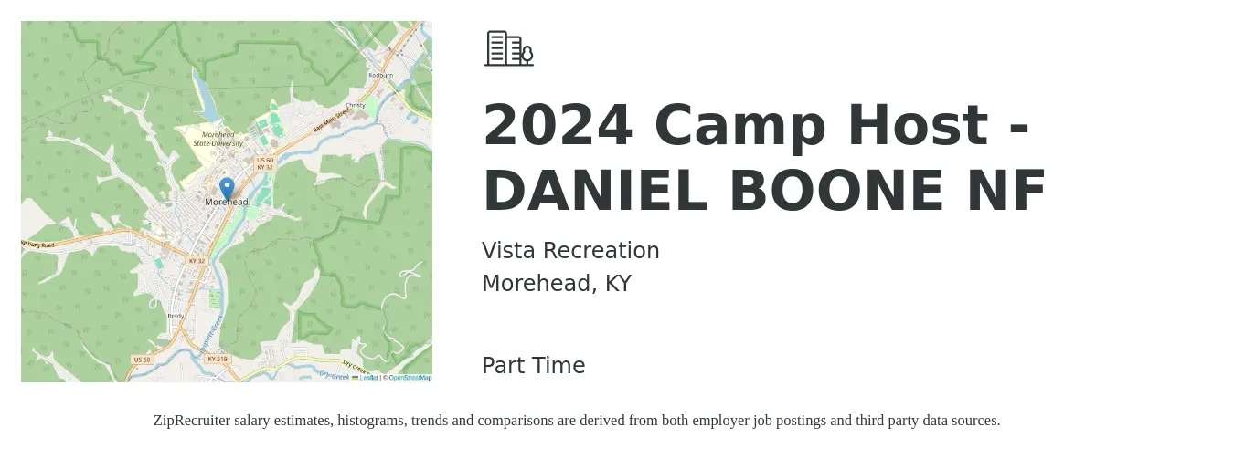 Vista Recreation job posting for a 2024 Camp Host - DANIEL BOONE NF in Morehead, KY with a salary of $13 to $19 Hourly with a map of Morehead location.