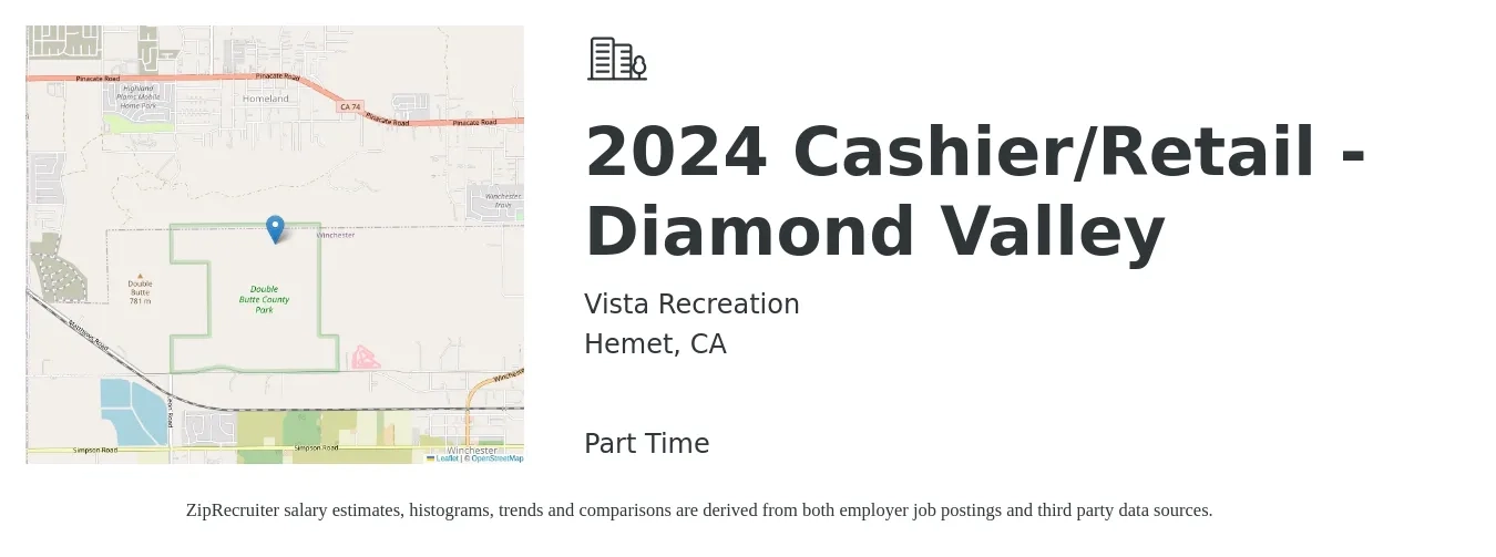 Vista Recreation job posting for a 2024 Cashier/Retail - Diamond Valley in Hemet, CA with a salary of $14 to $18 Hourly with a map of Hemet location.