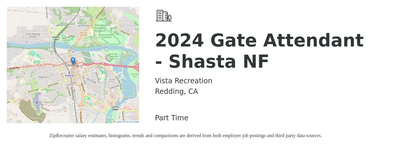 Vista Recreation job posting for a 2024 Gate Attendant - Shasta NF in Redding, CA with a salary of $14 to $19 Hourly with a map of Redding location.