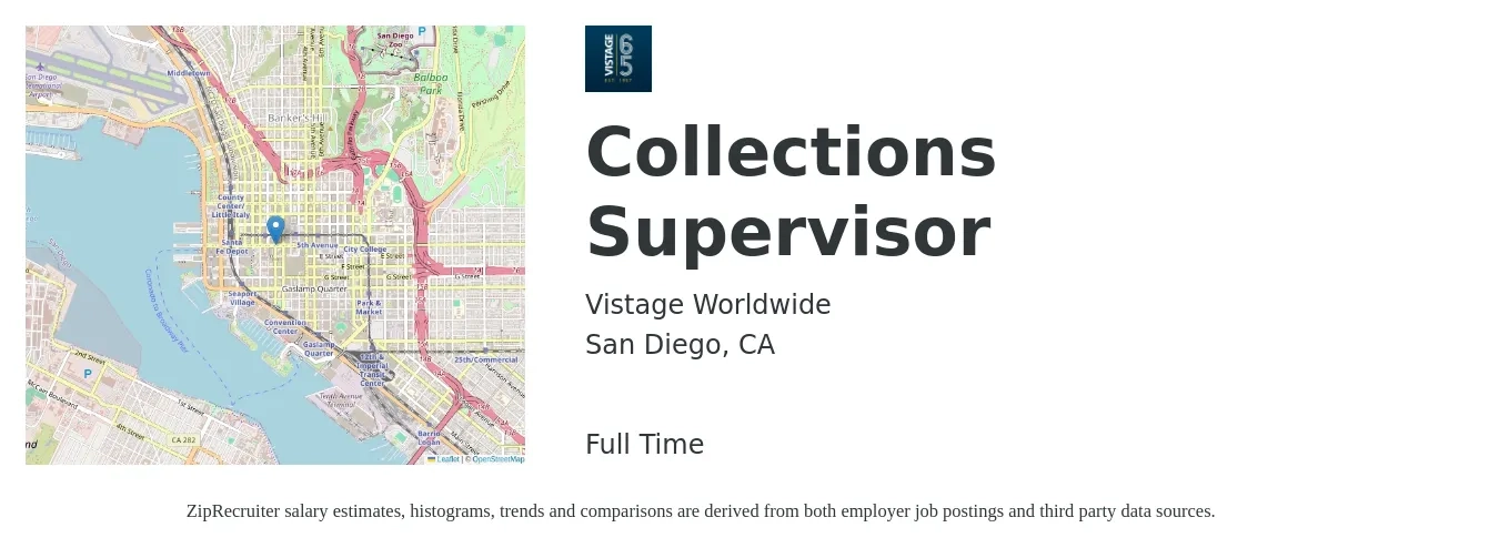 Vistage Worldwide job posting for a Collections Supervisor in San Diego, CA with a salary of $68,000 to $75,000 Yearly with a map of San Diego location.