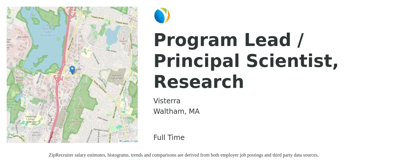 Visterra job posting for a Program Lead / Principal Scientist, Research in Waltham, MA with a salary of $128,100 to $184,200 Yearly with a map of Waltham location.