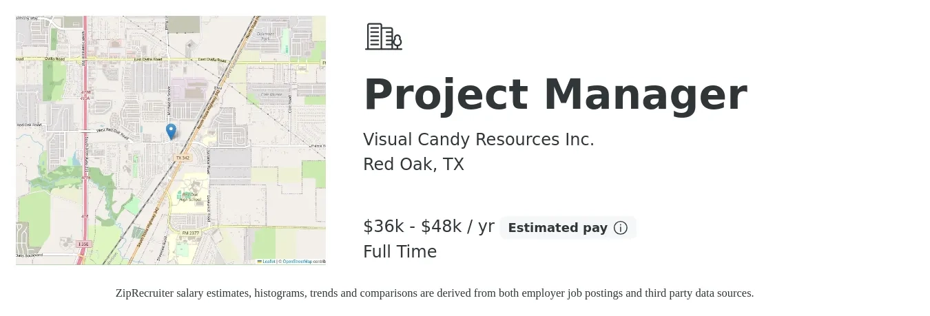 Visual Candy Resources Inc. job posting for a Project Manager in Red Oak, TX with a salary of $36,000 to $48,000 Yearly with a map of Red Oak location.